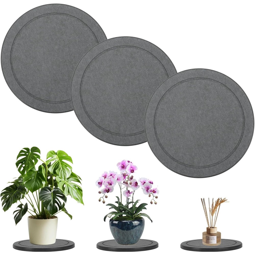 Drip Tray Saucer - 珪藻土製プランターソーサー3点セット、3個入り、グレー、直径6インチまたは8インチ、屋内・屋外用プランター用、滑り止めパッド付き