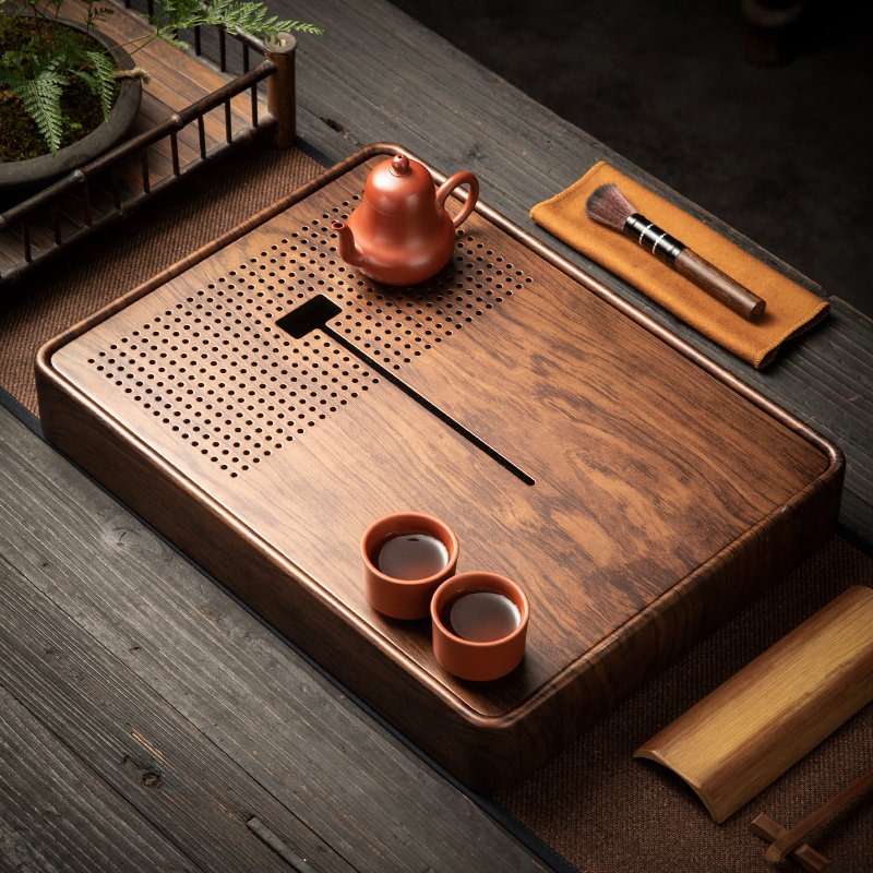 Drip Tray Saucer - 水貯蔵機能付き長方形竹製茶盆、水切り乾燥用茶受け、カップスタンド、カンフー茶用茶台マット