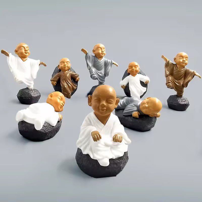 Bonsai Garden Art - 4個入り 中国功夫僧侶フィギュア 盆栽 ホームデコレーション ミニチュア妖精の庭装飾アクセサリー モダン樹脂工芸品像